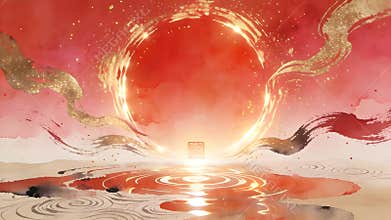 Ethereal Red Sun & Golden Clouds: A Chinese Ink-Watercolor Masterpiece