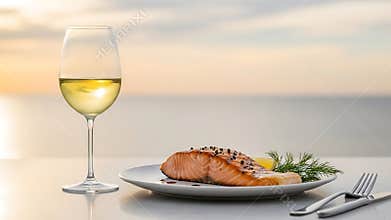 Gourmet Grilled Salmon Steak with White Wine and Sea View Sunset Dinner