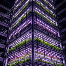 Modern vertical farm inside glass building glows with purple led lights showcasing sustainable urban agriculture growth