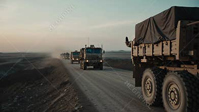 Military Convoy of Heavy-Duty Trucks Traversing a Barren Desert Road at Dusk