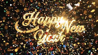 Golden glitter particles form the elegant cursive text Happy New Year against a backdrop of falling colorful confetti. Perfect