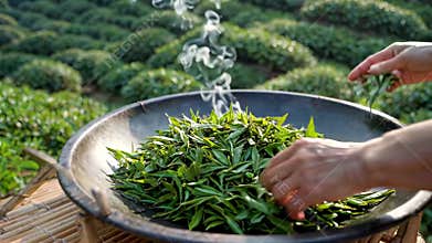 Tea garden holds tea leaves and pours them into utensils, Generative AI