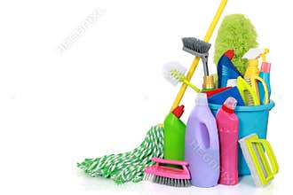 Cleaning supplies in bucket
