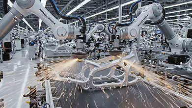 Advanced Robotic Arms Assembling Automotive Chassis Components on a Modern Assembly Line in a Brightly Lit Industrial Factory