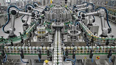 Automated Beverage Can Filling and Packaging Production Line with Robotic Arms in a Modern Industrial Factory