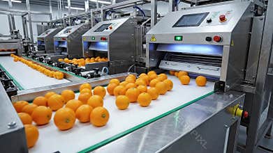 Automated Industrial Food Processing Conveyor Belt System Sorting Fresh Oranges with High-Tech Machinery in a Brightly Lit Factory