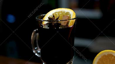 Mulled wine in a cup, Christmas drink. Selective focus. Food.