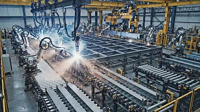 Automated Robotic Welding Sparks Fly in Industrial Factory Production Line with Metal Components and Yellow Gantry Crane System