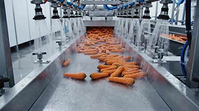 Carrots Being Washed on an Industrial Conveyor Belt System with Water Sprinklers in a Food Processing Facility