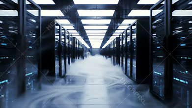 Futuristic Data Center with Cooling System and Server Racks