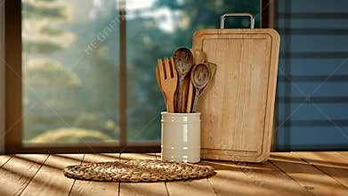 Wooden Kitchen Utensils and Cutting Board on Rustic Table