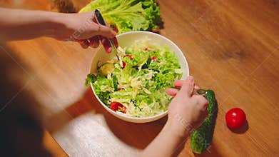 Healthy eating concept. Silhouette of person close-up shot hands preparing green vegetable salad for dinner at kitchen
