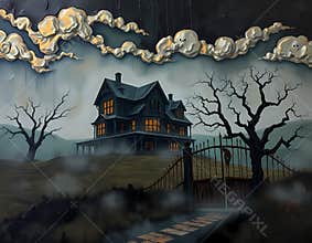 Haunted house on a foggy hill with spooky trees and glowing windows