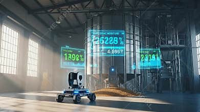 Automated Drone Monitors Grain Silo Conditions Displaying Real-time Moisture and Temperature Data in Sunlight Lit Industrial