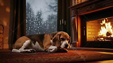 Cozy Beagle Dog Sleeping Peacefully by a Warm Fireplace on a Rainy Night indoors with Soft Ambient Lighting