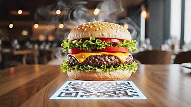 Smartphone scanning QR code for holographic burger menu