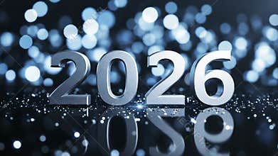 futuristic silver metallic numbers 2026 reflecting on shiny black surface with blurred glowing blue bokeh lights background