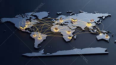 Global network connecting continents with illuminated buildings on a world map design