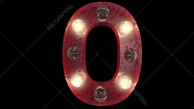 Burlesque retro style glowing rust red light bulb typeface count down with alpha channel
