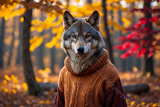 Wolf in knitted sweater autumn forest background, animal in red and yellow foliage AI Generative