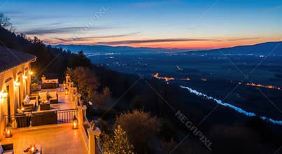 Beautiful Mountain Lodge Balcony Overlooking Valley at Dusk