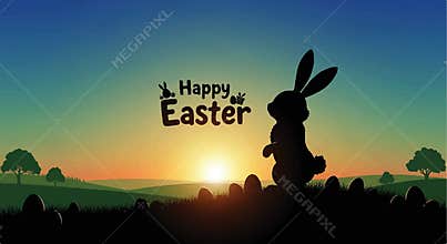 Happy Easter Sunrise with Bunny and Eggs Silhouette