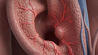 Close up anatomical 3D rendering of a human colon showing a diverticulum or polyp growth on the intestinal wall with surrounding