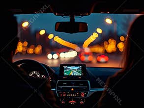 Couple on Night Road Trip, Driving Through City Lights with GPS Navigation Screen