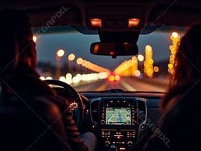 Couple on Night Road Trip, Driving Through City Lights with GPS Navigation Screen
