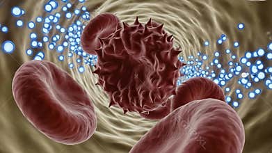 Microscopic View Of Red Blood Cells And A Diseased Cell Within A Vascular System With Illuminated Bubbles