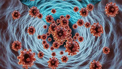 Microscopic View of Red Pathogen Cluster Advancing Through Blue Biological Tunnel Illustrating Infection Spread and Cellular