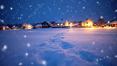 Footprints lead across a snowy field to warmly lit village houses during evening snowfall.