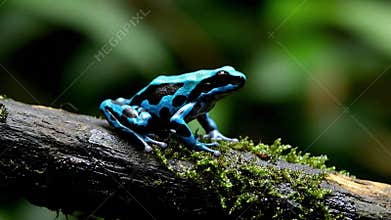 A macro shot of a tiny, brightly colored poison dart frog perched on a mossy branch in a dense rainforest, highlighting its