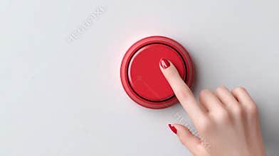 Close-up of Female Finger Pressing Big Red Button, Start Button Action, Decision Making