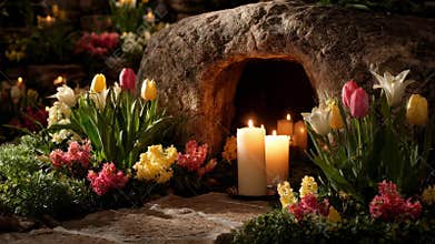 A peaceful scene of a candlelit Easter Resurrection Garden, with vibrant tulips and lilies surrounding an empty tomb