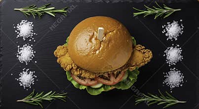Gourmet Crispy Chicken Sandwich with Sea Salt and Rosemary Garnish on Slate