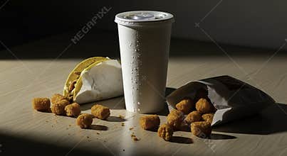Fast Food Meal with Crispy Bites Cold Drink and Soft Shell Item on Wood Table