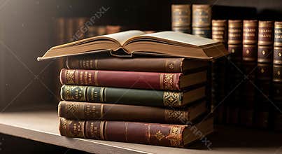 Stack of Antique Leather Bound Books with One Open Volume and Dust Motes in Dramatic Light