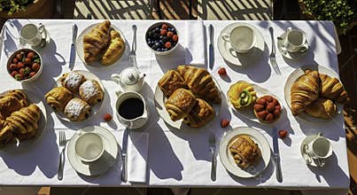 Luxurious Morning Breakfast Spread with Fresh Pastries Coffee and Berries Outdoors