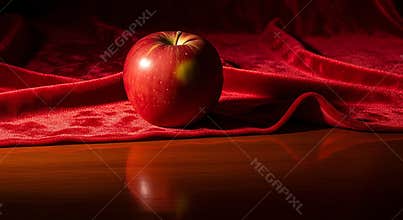 Single Red Apple on Luxurious Crushed Velvet Background with Dark Wood Reflection