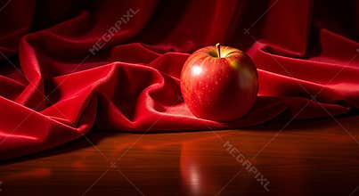 Single Red Apple Resting on Rich Crimson Velvet Fabric Background
