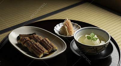 Grilled Freshwater Eel Fillets with Traditional Soup and Pickled Ginger Appetizer