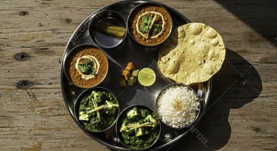 Authentic Indian Thali Meal with Dal Palak Paneer Rice and Crispy Flatbread on Rustic Wood Table