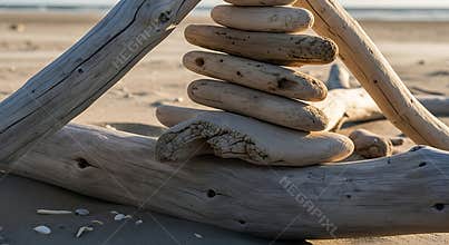Stacked Driftwood Sculpture Balanced on Sandy Beach with Seashells