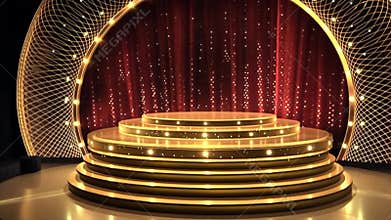 Glimmering Award Ceremony Stage Design: Golden Podium, Red Curtains, and Sparkling Lights