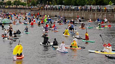 Russia, St.Petersburg, 02 August 2025: SUP festival, a world record for the number of sup, Fontanka river, participants