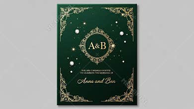 Formal green wedding invitation with gold ornate frame and couple\'s initials