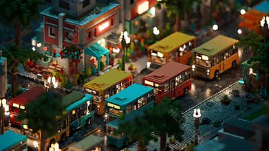 Miniature cityscape featuring colorful buses and buildings illuminated at nighttime in urban setting
