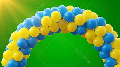 Colorful Balloon Archway Decoration for Festive Celebration in Bright Green Background with Sunlight