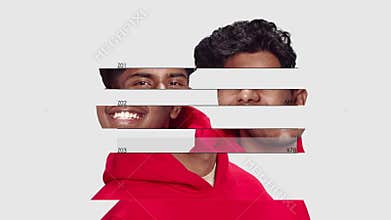 Video ad. Digital face tuning process before smiling male portrait alignment